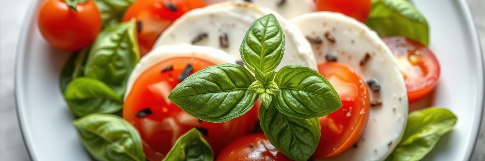 Fresh caprese salad with ripe tomatoes, mozzarella, and basil served on a plate
